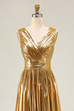 Gold A Line Metallic Sleeveless Prom Dress with Pleats