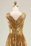 Gold A Line Metallic Sleeveless Prom Dress with Pleats