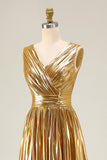 Gold A Line Metallic Sleeveless Prom Dress with Pleats