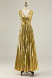 Metallic V Neck Gold A Line Ruched Prom Dress
