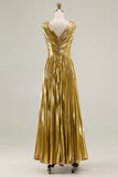 Metallic V Neck Gold A Line Ruched Prom Dress
