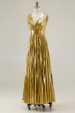 Metallic V Neck Gold A Line Ruched Prom Dress