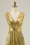 Metallic V Neck Gold A Line Ruched Prom Dress