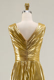 Metallic V Neck Gold A Line Ruched Prom Dress