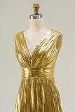 Metallic V Neck Gold A Line Ruched Prom Dress