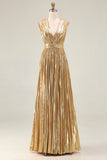 Gold V Neck A Line Pleated Prom Dress