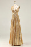 Gold V Neck A Line Pleated Prom Dress