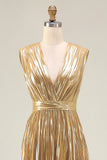 Gold V Neck A Line Pleated Prom Dress