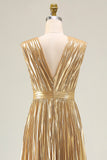 Gold V Neck A Line Pleated Prom Dress