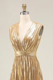 Gold V Neck A Line Pleated Prom Dress