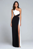 One Shoulder Black And White Sheath Long Formal Dress
