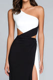 One Shoulder Black And White Sheath Long Formal Dress