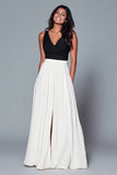 Elegant V Neck Black And White A Line Long Formal Dress