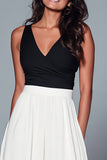 Elegant V Neck Black And White A Line Long Formal Dress