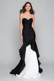 Strapless Black And White Ruffled Mermaid Long Formal Dress