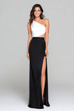 One Shoulder Black And White Formal Dress with Slit