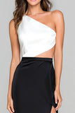 One Shoulder Black And White Formal Dress with Slit