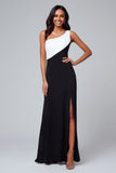 Black And White Sheath One Shoulder Long Formal Dress