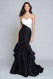 Black And White Strapless Ruffled Mermaid Long Formal Dress