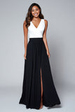 Simple V Neck Black And White A Line Long Formal Dress