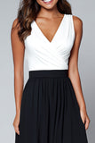 Simple V Neck Black And White A Line Long Formal Dress