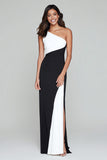 One Shoulder Black And White Sheath Formal Dress with Slit
