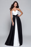 Strapless Black And White A Line Satin Long Formal Dress