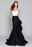 Ruffled Black And White Strapless Mermaid Satin Formal Dress