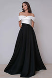 Off The Shoulder Black And White A Line Long Formal Dress