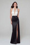 Halter Black And White Sheath Satin Long Formal Dress