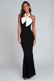 Halter Black And White Mermaid Long Formal Dress with Bow