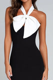 Halter Black And White Mermaid Long Formal Dress with Bow