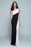 Black And White Sheath One Shoulder Formal Dress with Slit