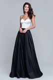 Strapless A Line Black And White Satin Long Formal Dress