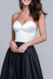 Strapless A Line Black And White Satin Long Formal Dress