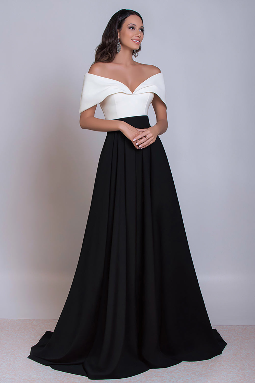 WEDTREND Women Elegant Off The Shoulder Formal Dress Black And White A Line Satin Long Evening Dress Wedtrend UK WEDTREND Women Elegant Off The Shoulder Formal Dress Black And White A Line Satin Long Evening Dress Wedtrend UK