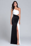 Cut Out Black And White Sheath One Shoulder Formal Dress