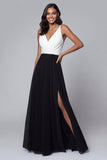 Simple V Neck Black And White A Line Formal Dress