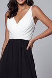 Simple V Neck Black And White A Line Formal Dress