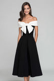 Off The Shoulder A Line Black And White Midi Formal Dress