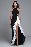 Halter Black And White Ruffled Long Formal Dress