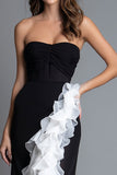 Strapless Black And White Ruffled Long Formal Dress