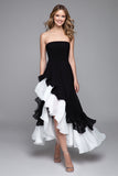 Strapless Black And White Midi Formal Dress with Ruffles