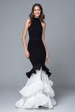 High Neck Ruffled Black And White Mermaid Formal Dress