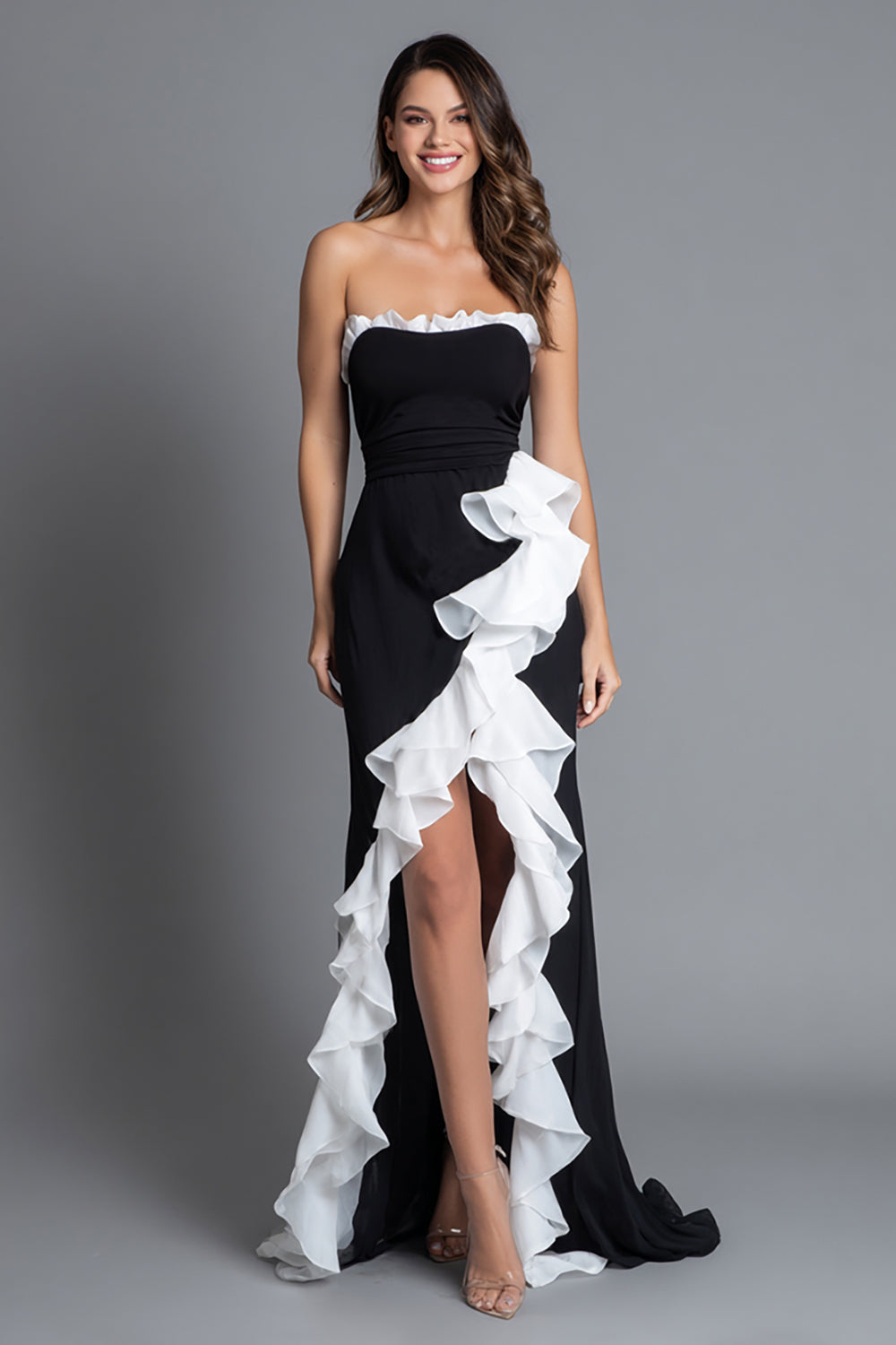 WEDTREND Women Strapless Formal Dress Black And White A Line Sleeveless