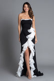 Ruffled Strapless Black And White Formal Dress with Slit