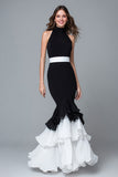 High Neck Ruffled Mermaid Black And White Formal Dress