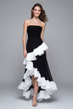 Strapless A Line Black And White Ruffled High Low Formal Dress