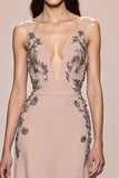 Champagne A Line Long Satin Evening Dress With Slit