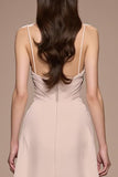 Champagne A Line Satin Ruched Maxi Evening Dress with Slit